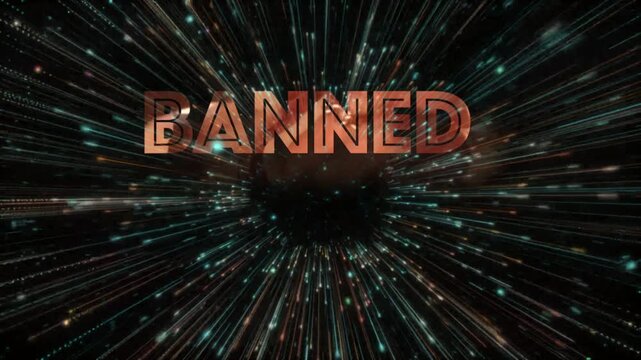 Cinematic banned title animation with glowing particles with background consists dark void filled rapidly moving speed lines shades blue