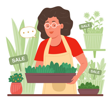 Plant Shop Owner Arranging the Potted Plants for Sale Inside Shop Booth for Shopkeeper and Retail Occupation Concept Illustration Clip Art