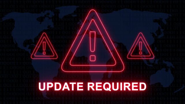 Urgent system update required digital warning sign with glowing red neon exclamation marks and binary code map background, for cybersecurity, software, maintenance, and global, network security alerts