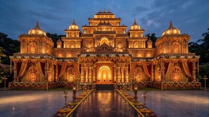 Obraz premium Durga Puja illuminated festival pavilion with ornate Bengali decorations and traditional cultural atmosphere