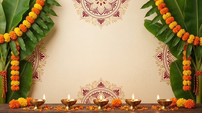 Maha Saptami festival background with banana leaves, marigold garlands and traditional Bengali decorations