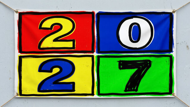 Colorful banner displays the numerals two zero two seven arranged in a grid with bold lettering numbers twozeroseven 2027 year date