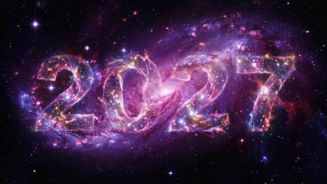The year two thousand twenty seven is depicted as a cosmic nebula filled with swirling stardust and vibrant galactic colors 2027