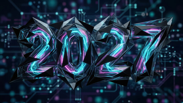 The number 2027 is rendered as a futuristic fragmented three dimensional digital typography against a circuit board backdrop year future rendering