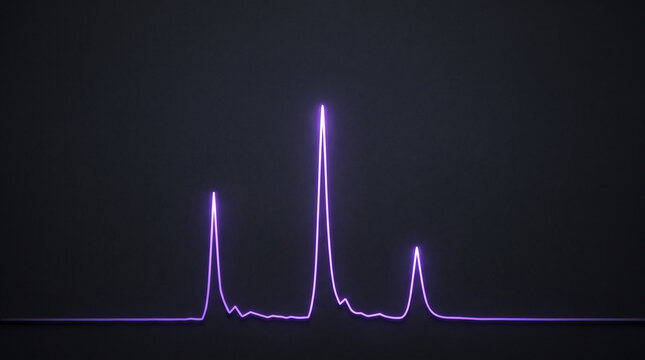 Abstract glowing violet mass spectrometry data trace with three sharp peaks on a dark background, no readable labels, analytical chemistry data visualization concept 