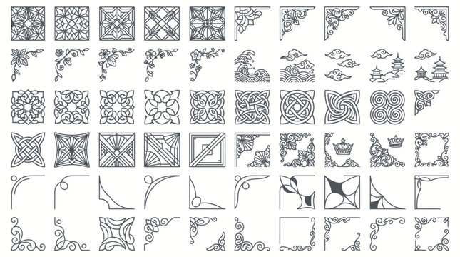 Collection of decorative corner elements and geometric patterns for page borders and frames.