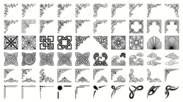 Collection of various decorative corner ornaments and elegant frame border elements in black and white.