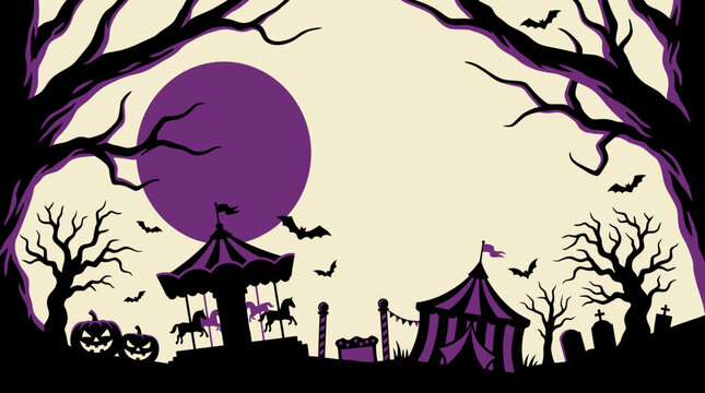 Spooky Halloween amusement park with eerie circus tent, carousel, and creepy trees under a full moon