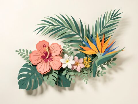 Tropical floral arrangement made of layered paper featuring a large hibiscus, monstera leaves, and bird of paradise flowers on a cream background.