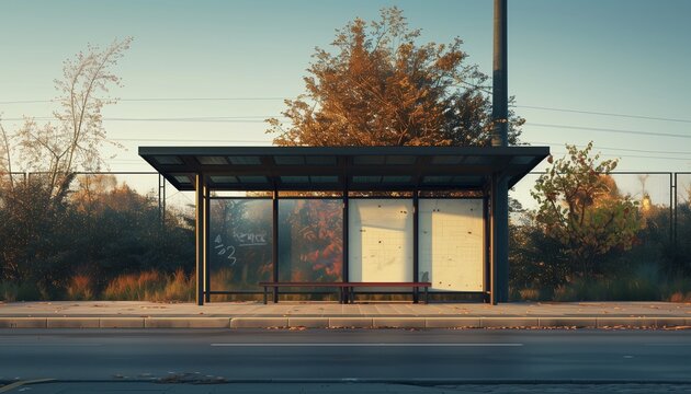 Empty bus stop surrounded by autumn trees in warm evening light
