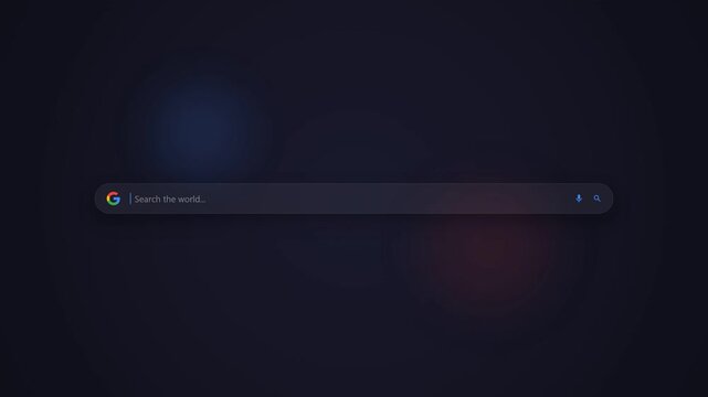 Dark mode internet search bar animation with typing cursor and placeholder text Search the world,minimal technology interface motion background