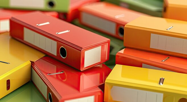 Vibrant, stacked ring binders in various colors, a chaotic yet organized collection