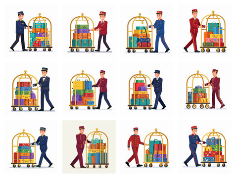 Hotel Bellhop Characters Pushing Golden Luggage Carts With Suitcases Set