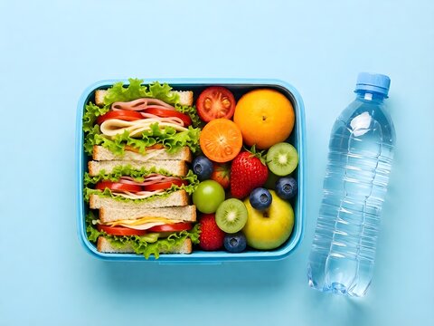 Top view image featuring lunch box with sandwiches, fruits and vegetables, water bottle on pastel blue isolated background, with copy-space