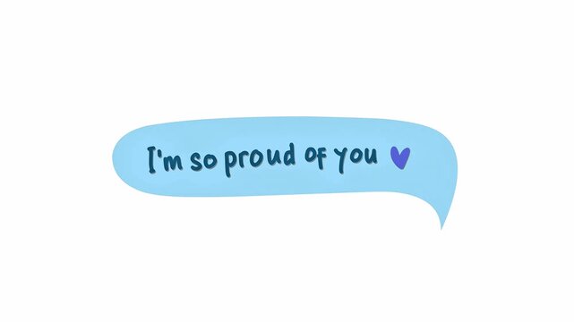 Animated blue speech bubble displaying supportive text and a heart icon. Minimalist aesthetic on a clean white background.