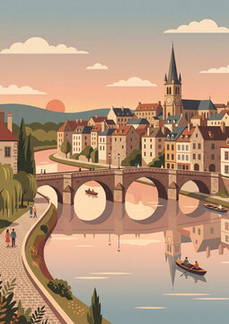 Charming vector illustration of historic European town with river and stone bridge