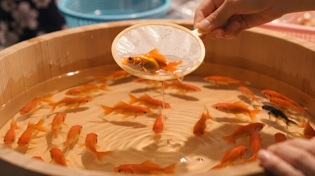 Goldfish Scooping Game at Traditional Japanese Summer Festival