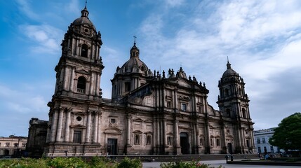 Obraz premium Grand stone cathedral with twin towers and domed roof under a partly cloudy sky surrounded by greenery and open plaza