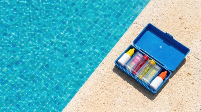 Swimming pool water test kit with chemical reagents inside blue plastic box placed on stone deck near azure basin.