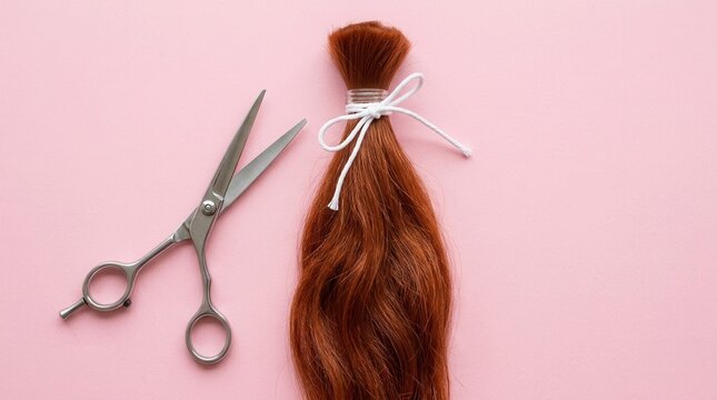 Scissors And Red Hair Lock Ready For Cut And Donation Or Styling