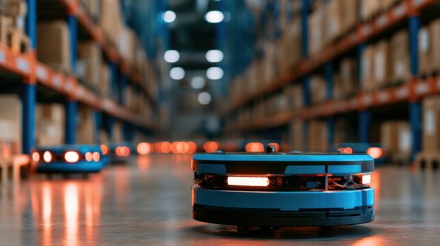Autonomous robot moving on warehouse floor transporting goods with shelves full of cardboard boxes in background logistics technology concept