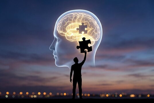 Silhouette man assembling glowing human brain puzzle against sunset ci
