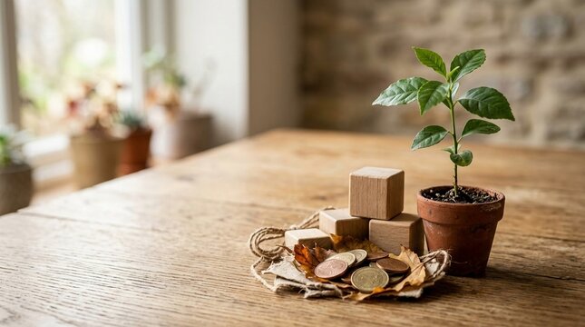 Wooden cubes and coins in a tray with a growing plant, symbolizing financial investment and growth on a wooden table.