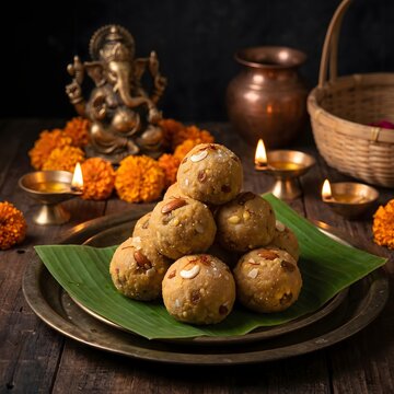 Delicious homemade laddu and modak prasadam served on a banana leaf for Vinayaka Chaviti festival celebration with Lord Ganesha idol and lit oil lamps.