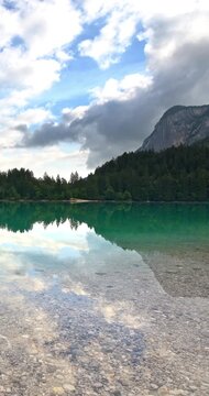 Fantastic morning scenery on lake Tovel 