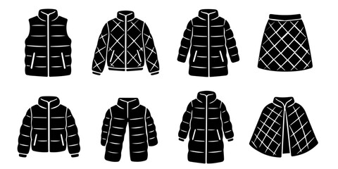 Set of black quilted winter jackets and puffer coats isolated on a white background for fashion design © Tania
