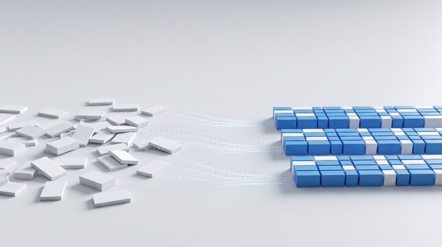 Concept of data organization, transforming chaotic unorganized white blocks into structured blue rows