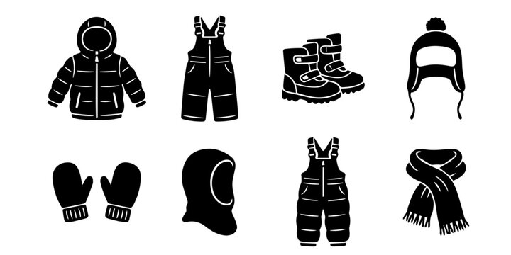 Set of black and white winter clothing icons including jackets pants boots hats gloves and scarves