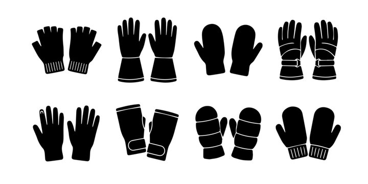 Set of black silhouette icons representing various styles of winter gloves and mittens for cold weather clothing