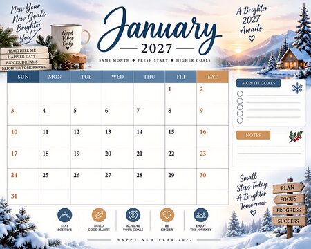 January 2027 calendar template with winter mountain scenery and snowy forest elements