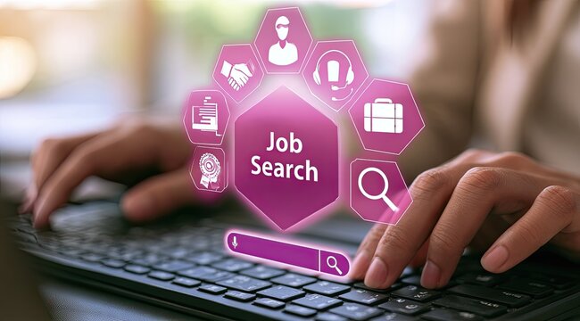 Person uses keyboard, interface shows job search icons, career, opportunity