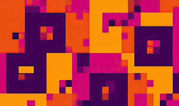 Vibrant geometric abstract with interlocking squares and rectangles in shades of purple, orange, and pink