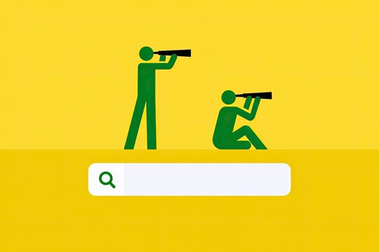Two figures with spyglasses look over a search bar against a yellow backdrop