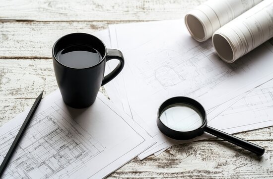 Coffee, blueprints, pencil, and magnifying glass on rustic wooden table