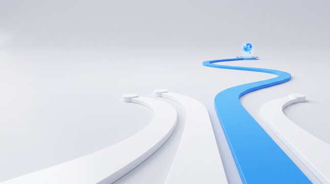 A winding blue path diverging from white paths, symbolizing choices and future direction