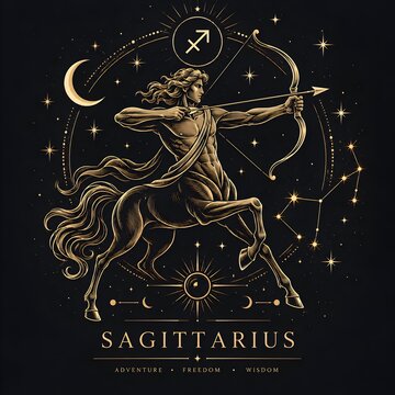 Luxury Sagittarius Zodiac Sign Gold Illustration with Archer Centaur, Astrology Symbol and Cosmic Stars on Dark Background. 