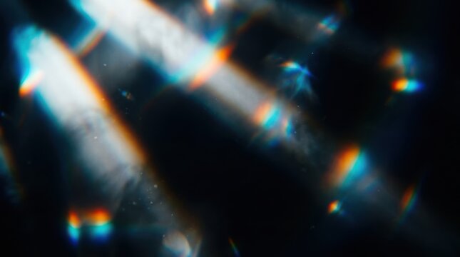 Abstract light refraction with colorful prism flares on a dark background