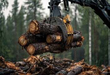 Fototapeta premium Heavy machinery grabs wet logs in a dense, green forest