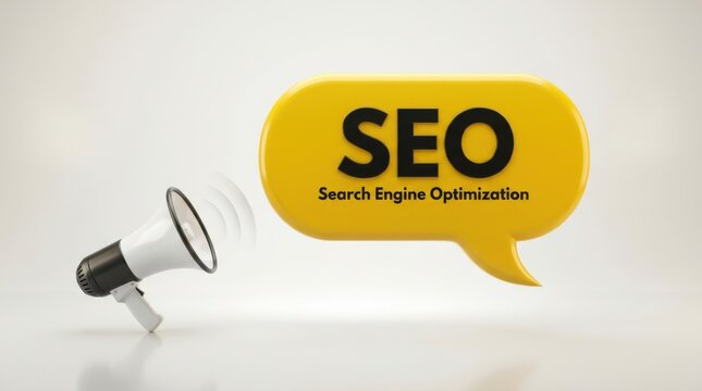 Megaphone and yellow speech bubble with seo search engine optimization text for digital marketing.
