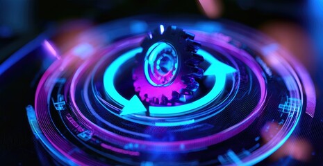 Obraz premium Futuristic gear at center of glowing purple and blue circular digital interface