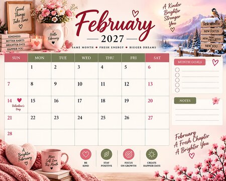 February 2027 calendar page with winter scenery and romantic floral decorations