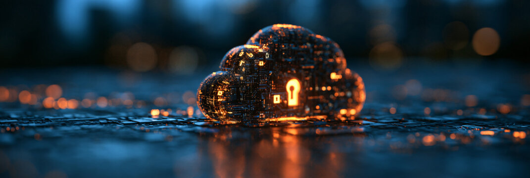 Secure cloud computing concept with a glowing lock icon embedded within a digital cloud shape, representing data protection and cybersecurity
