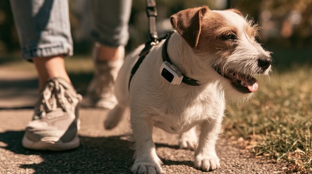 Small white brown dog wearing collar walking on leash on sunny outdoor path beside person in sneakers and rolled jeans
