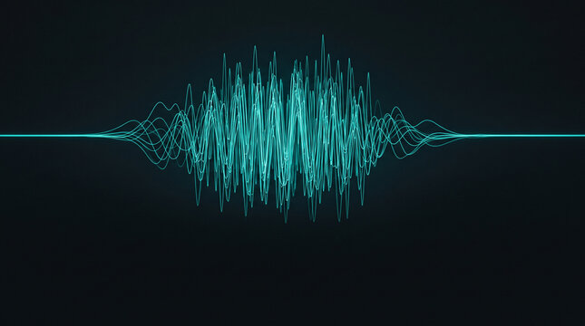 Abstract glowing teal molecular vibration signature waveform with dense rhythmic oscillation, dark background, spectroscopic sensing data visualization concept 