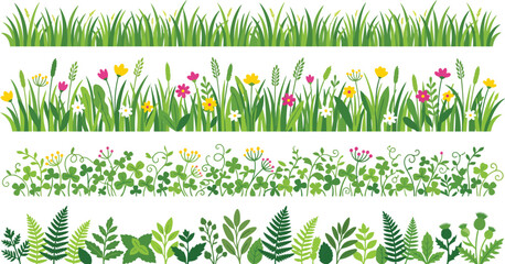 Obraz premium Green Botanical Garden Border Collection with Grass Flowers and Foliage