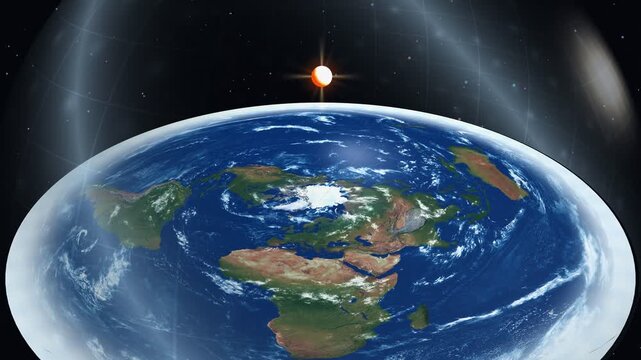 Flat earth model with sun rotating above a dome disk in space. 4K Video 3D Render